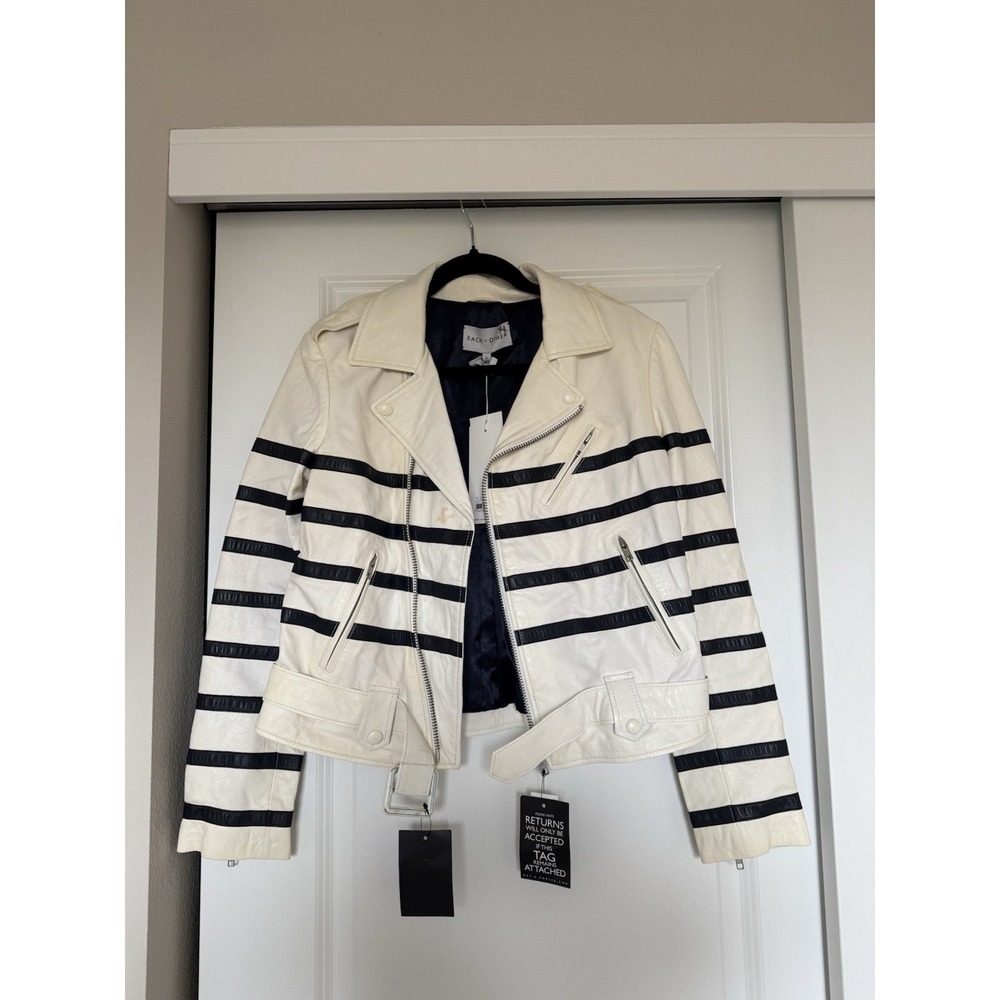 Each X‎ Other NWT Stripe White Leather Jacket Women's Size L Biker Limited moto
